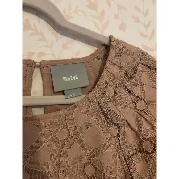 Anthropologie Maeve Beige Lace Puff Sleeve Blouse - Picture 2 of 5